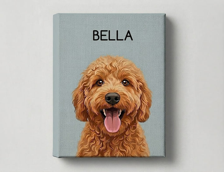 Custom pet portrait with the name 'Bella' on a light gray background