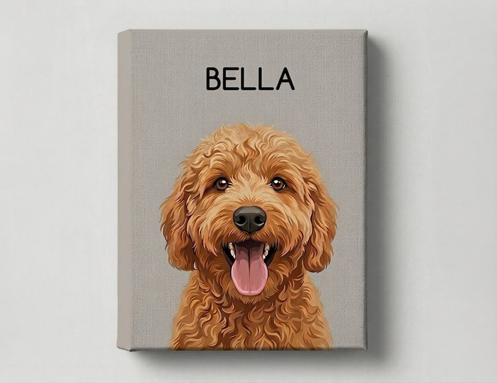 Canvas custom pet print with a dog's face and name 'Bella' on a gray background