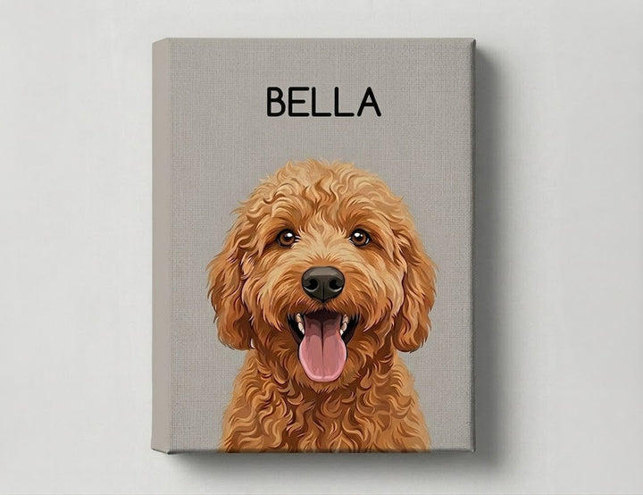 Canvas custom pet print with a dog's face and name 'Bella' on a gray background