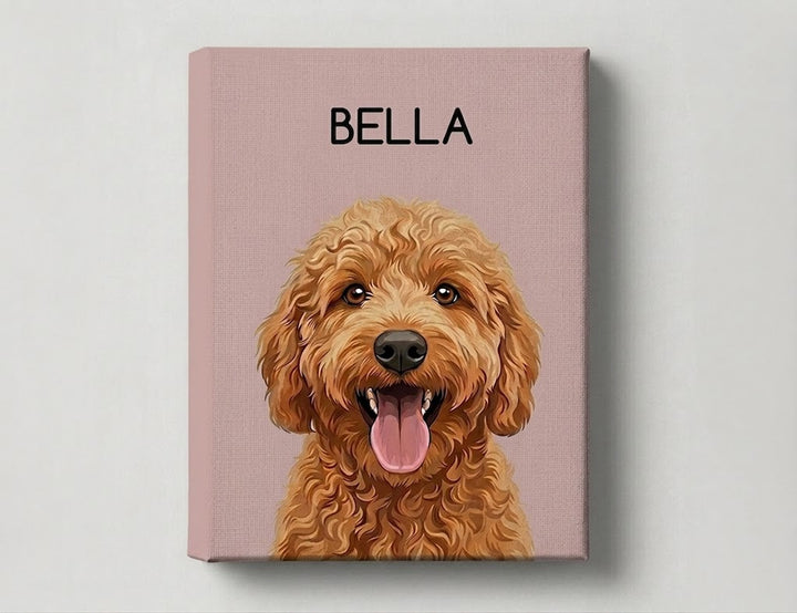 Book with a dog illustration and 'BELLA' text on a pink background