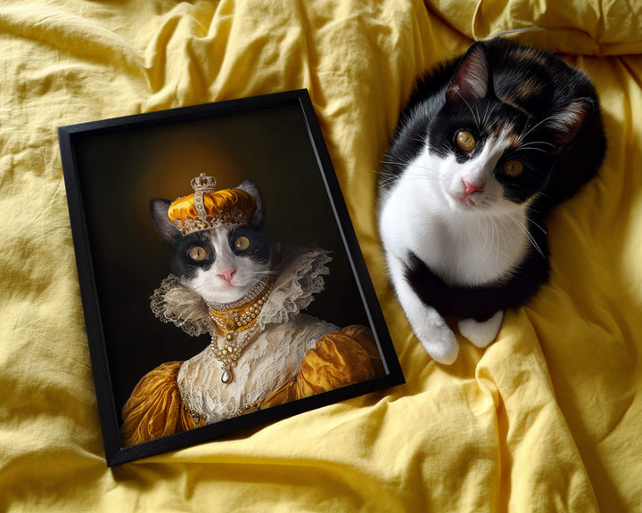 A black and white cat sitting next to a framed royal pet portrait of itself wearing a crown and queen's attire.