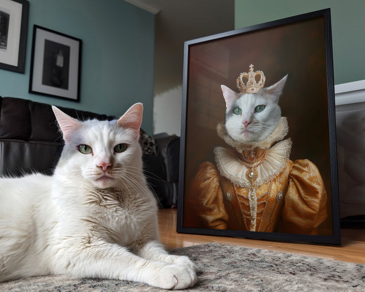 Custom royal pet portrait of a white cat dressed as a queen in a gold dress next to the real cat.