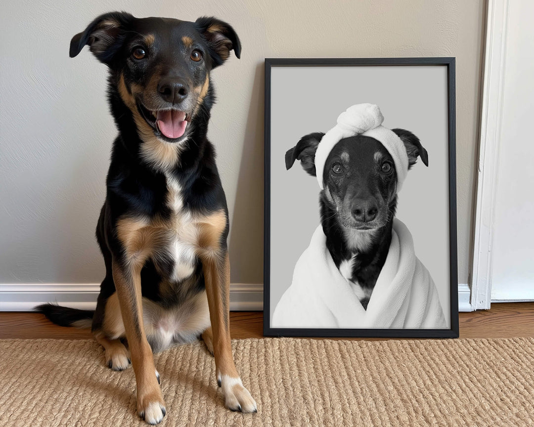 Personalized dog bathroom picture of a black dog wearing a white towel on its head.