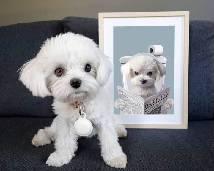 dog reading newspaper on toilet custom unpaws
