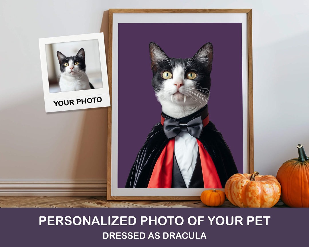 Framed personalized photo of a cat dressed as Dracula with pumpkins on a table.