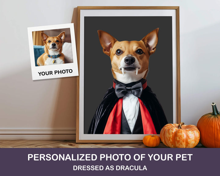 Framed personalized photo of a dog dressed as Dracula with pumpkins on a table.