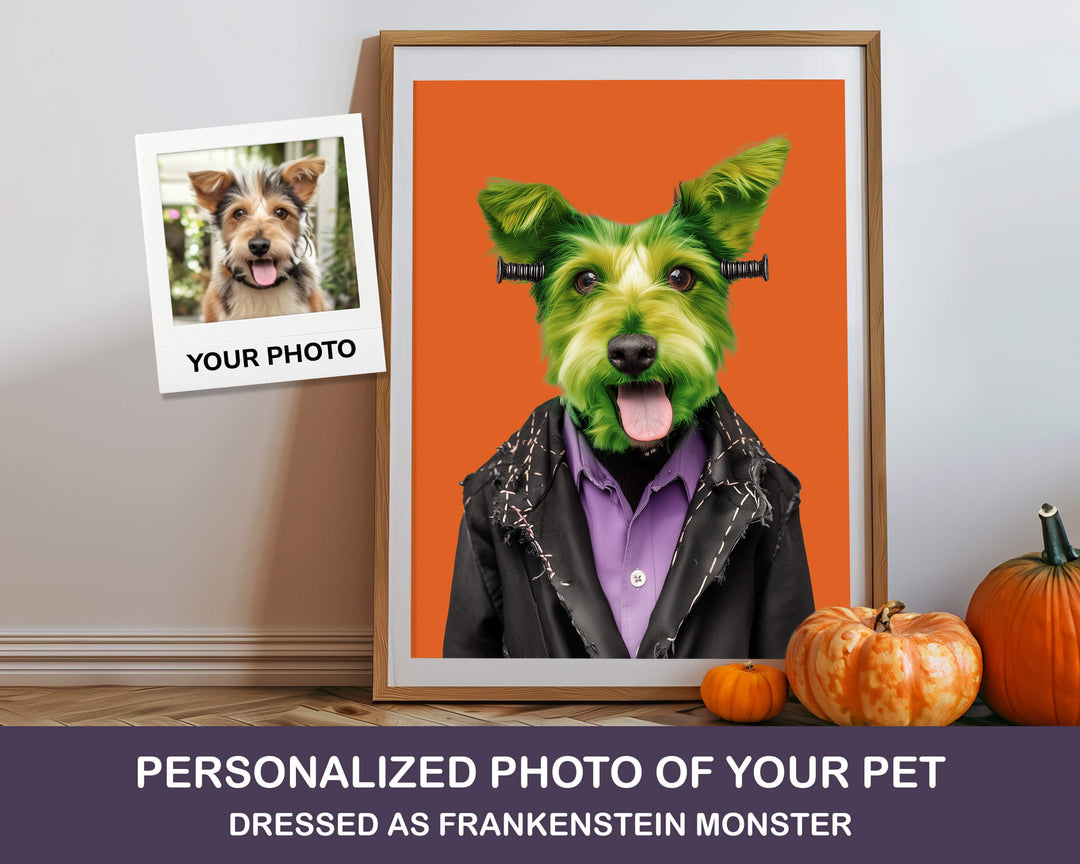 Framed personalized Halloween portrait of a dog dressed as Frankenstein Monster with pumpkins on a table.