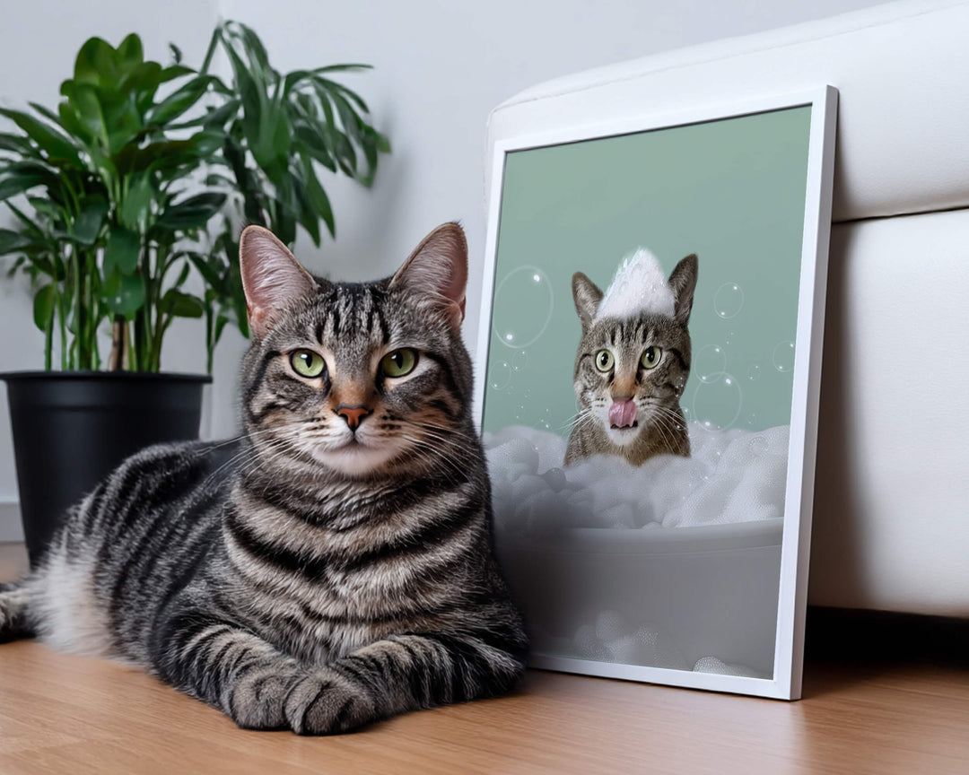 Funny custom cat portrait of a tabby cat in a bubble bath with foam on its head sitting next to the real cat.