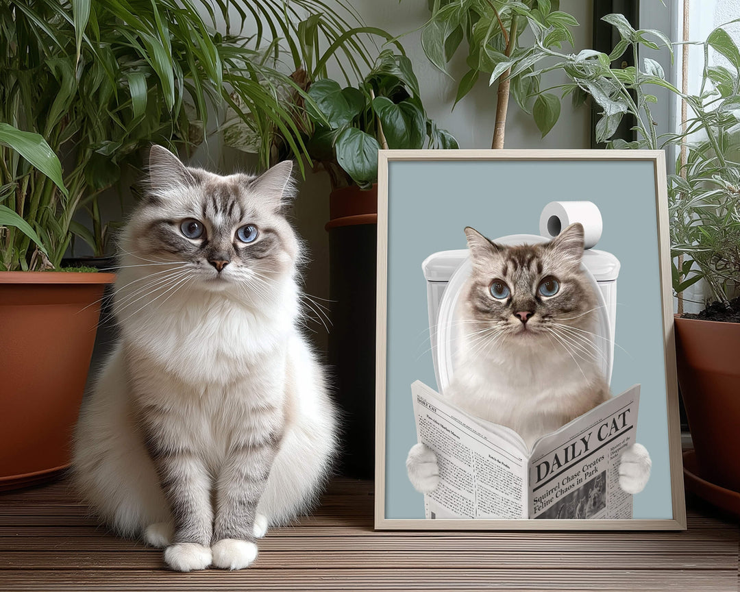 Hilarious custom pet portrait of a cat reading a newspaper on a toilet for bathroom decor.