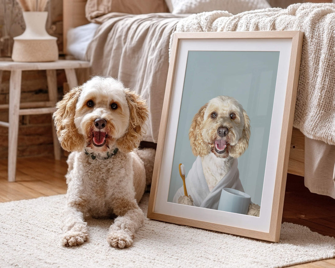 Custom pet art of a fluffy dog wearing a bathrobe and holding a toothbrush for bathroom wall decor.