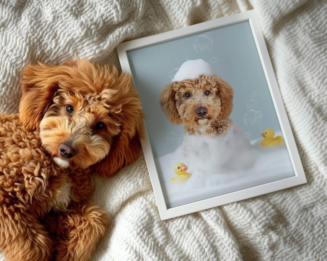 Funny dog bathroom wall art featuring a Goldendoodle in a bubble bath with rubber ducks.