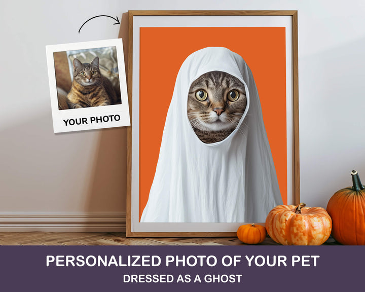 Framed photo of a halloween cat portrait dressed as a ghost with pumpkins on a table.