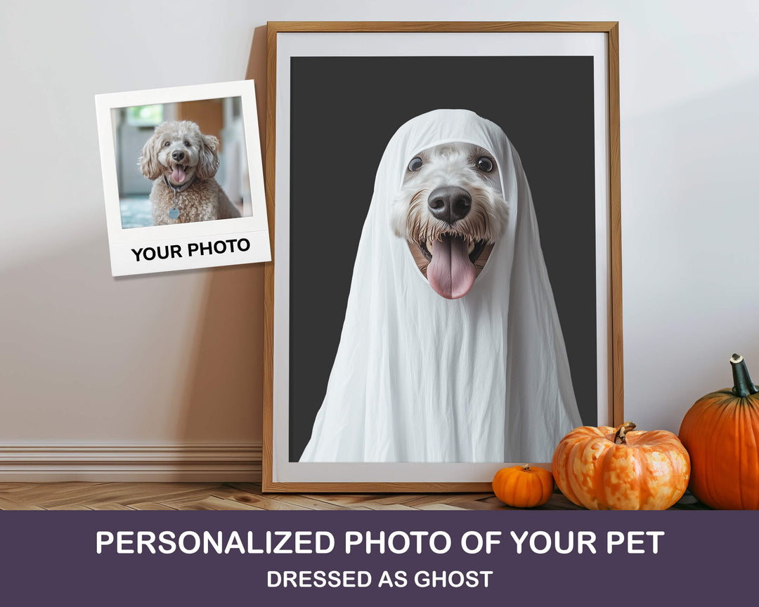 Framed photo of a dog dressed as a ghost with Halloween pumpkins on a table.