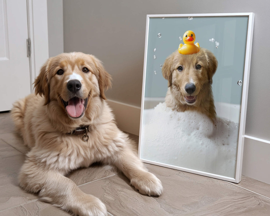 Custom dog bathroom art of a Golden Retriever in a bubble bath with a rubber duck on its head.