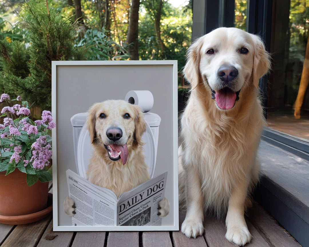 golden retriever reading newspaper on toilet custom unpaws