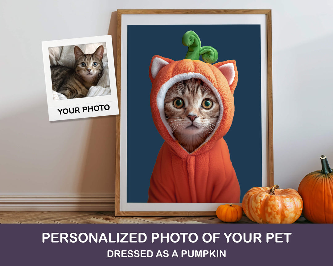 Framed photo of a cat in a pumpkin costume with pumpkins on a table.