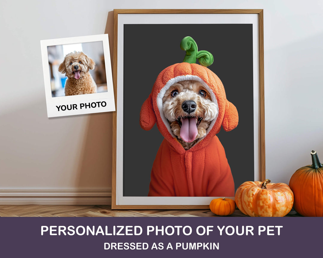 Framed photo of a dog in a pumpkin costume with a smaller inset photo and Halloween-themed decor.
