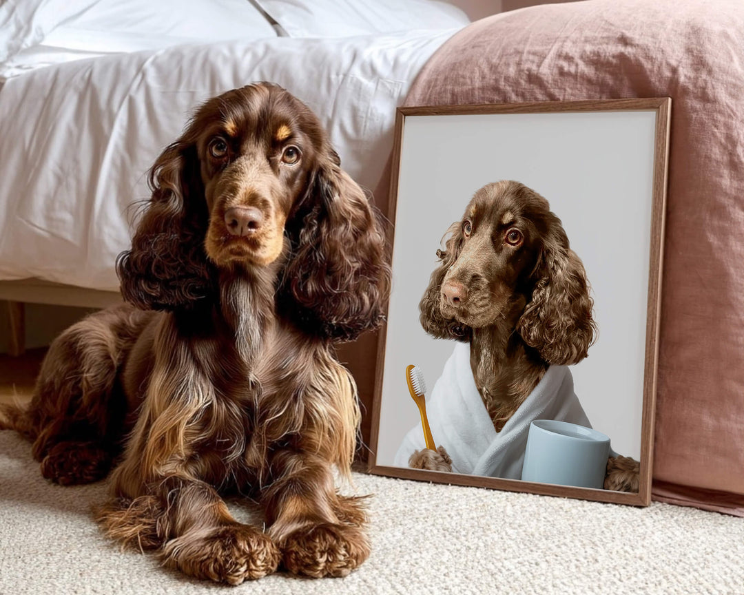 Personalized pet portrait for bathroom of a brown Cocker Spaniel wearing a white bathrobe and holding a toothbrush.