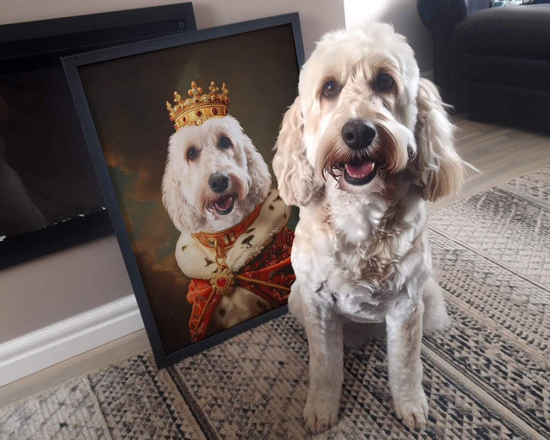 Personalized renaissance dog portrait of a Cockapoo in a royal king outfit with a gold crown.