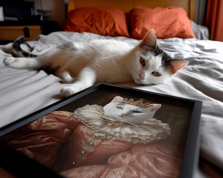 Personalized renaissance pet portrait of a white cat in regal attire displayed on a bed with the cat.