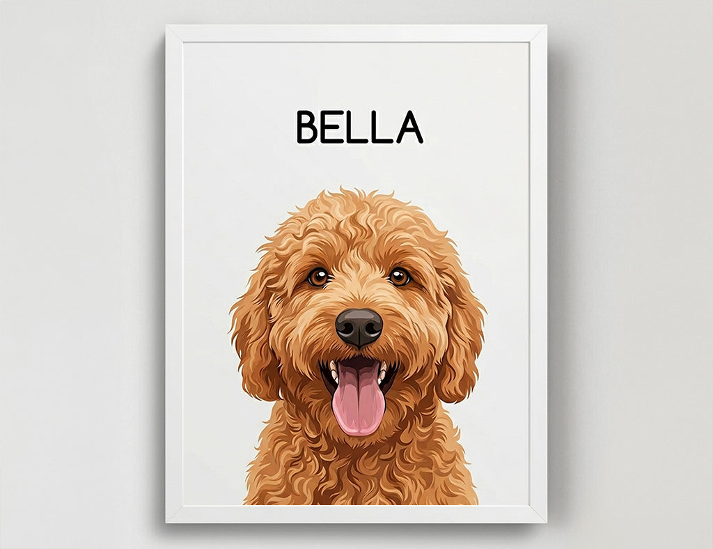 Framed custom pet artwork of a brown dog with 'Bella' above it on a light gray background