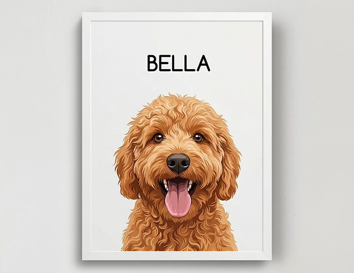 Framed custom pet artwork of a brown dog with 'Bella' above it on a light gray background